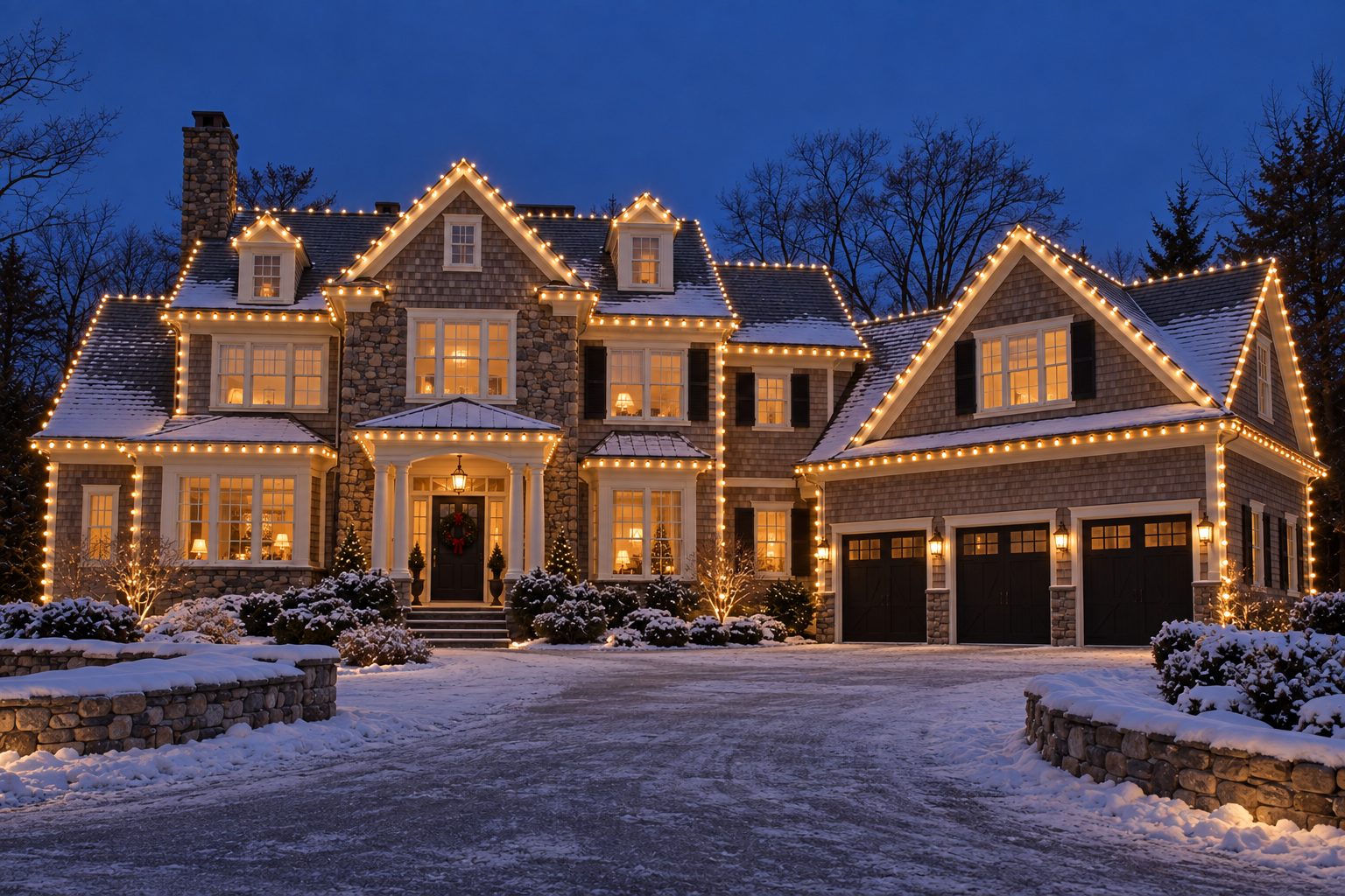 Shingle-style home at dusk with every roofline outlined in warm white lights