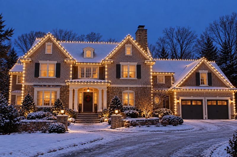 Shingle and stone home in snow with every gable outlined in lights