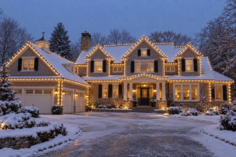 Shingle-style home in falling snow with rooflines and dormers lit
