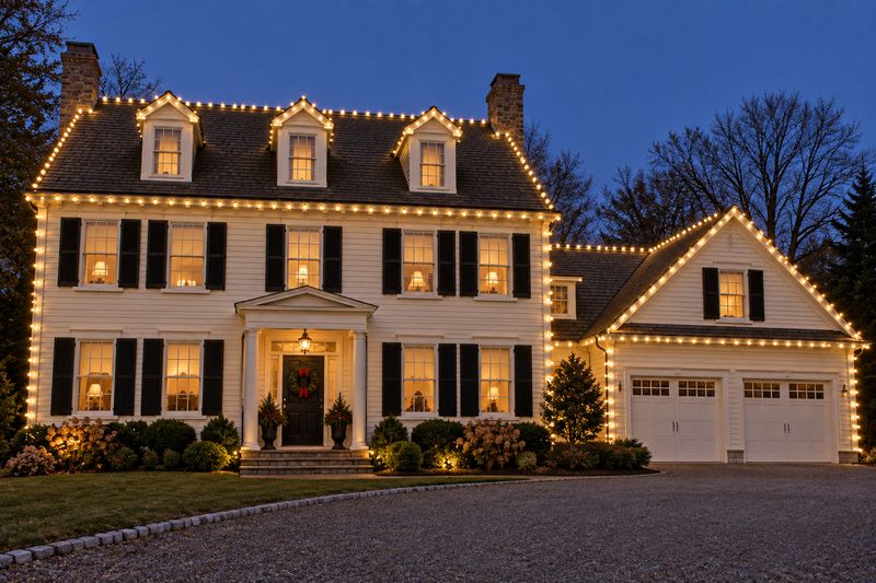 White colonial with roofline, corners and garage lit at night